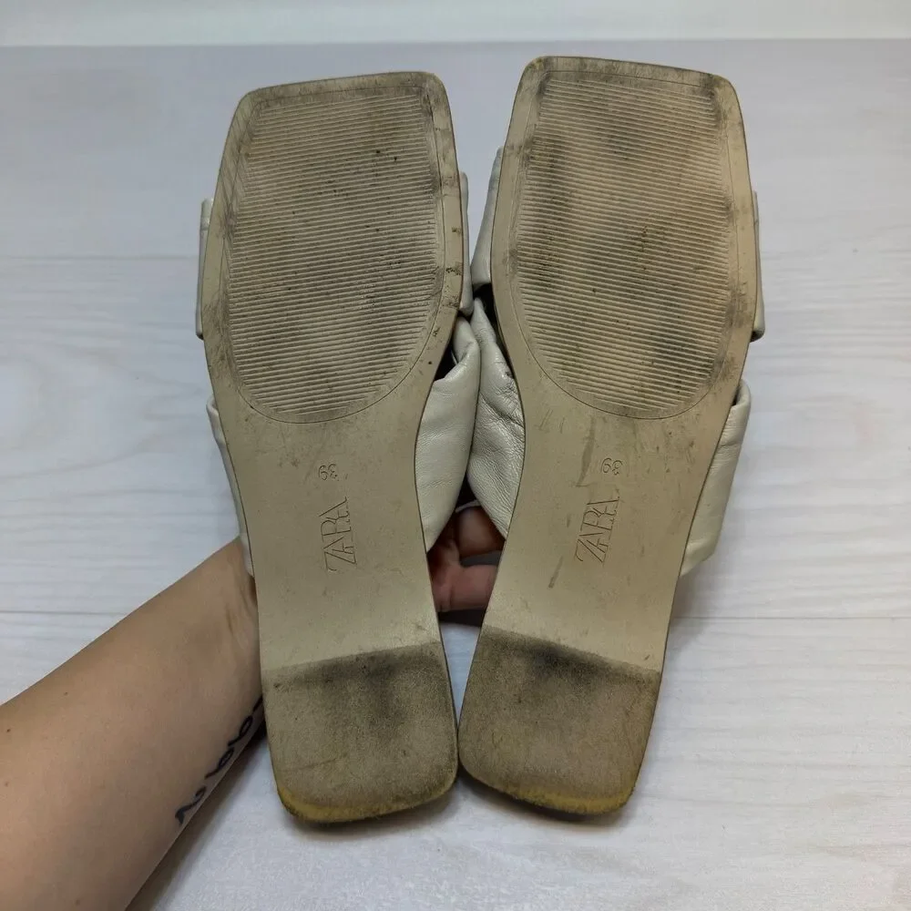 Zara Womens Size 39‎ 8 Cream Color leather Day Cross Flat Sandals - Picture 7 of 10
